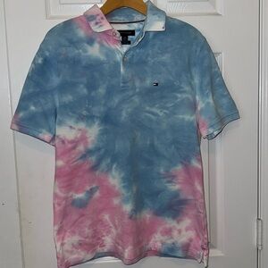 Tommy Hilfiger Pink Blue White Tie Dye Collared Polo Size XS